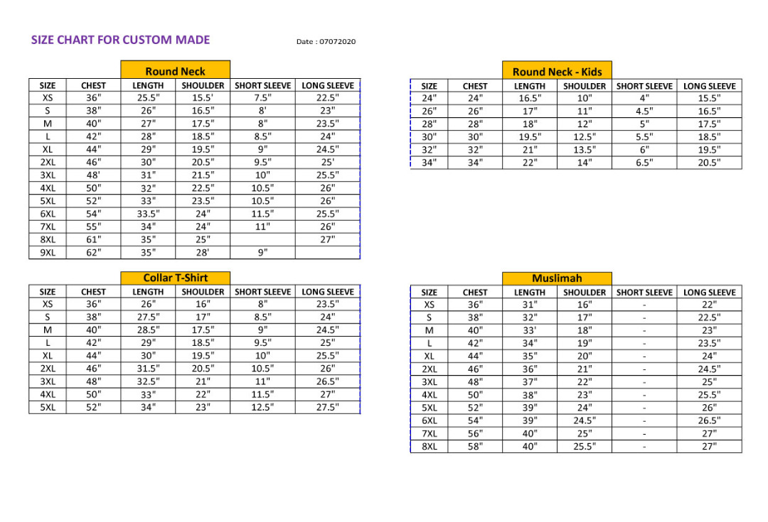 Otter Apparel size chart — Round Neck, Kids, Collar T-Shirt and Muslimah measurements